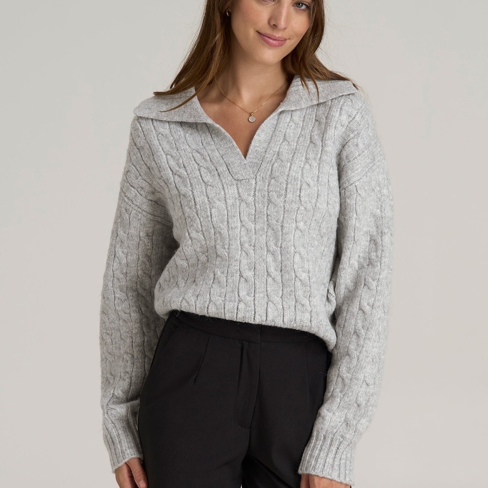 American Tall Johnny Collar Cable Knit Sweater for Tall Women in Grey Mix Size L